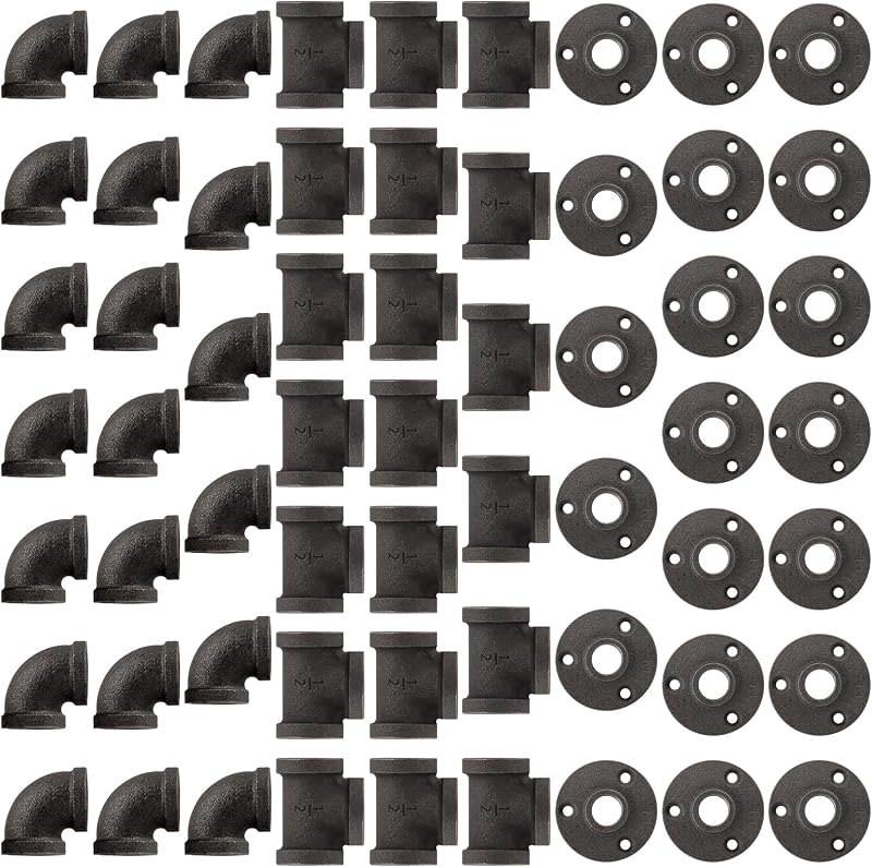 Paquete de 60 accesorios de tubería de hierro fundido de 1/2 pulgada con bridas en T de codos | Incluye 20 codos, 20 tees y 20 bridas para proyectos de tuberías negras roscadas, decoración steampunk de bricolaje y estanterías industriales.
