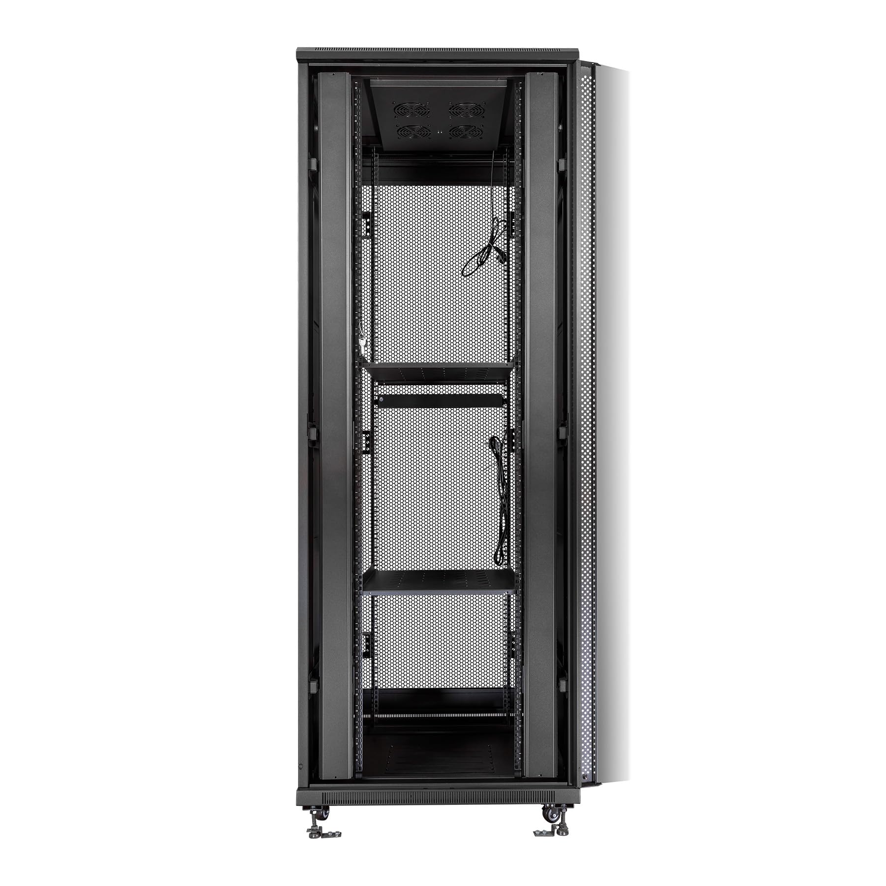 Aiten Data Armario Rack Suelo 19" 47U 600 x 600 x 2285 mm Montado con Accesorios: 2 Bandejas Fijas, 4 Ventiladores 120 mm, 1 PDU con 8 Puertos de 1U, Patas, Ruedas y Llaves