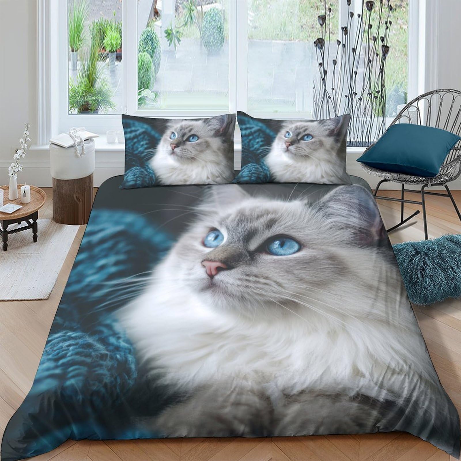 Ctjqhvkz Style-1 3D Printed Blue Eyed Cat Fitted Sheet Microfiber Soft Bed Cover Animal Print For Bedroom Guest Room Decor Mattress Protection Single（135X200cm）