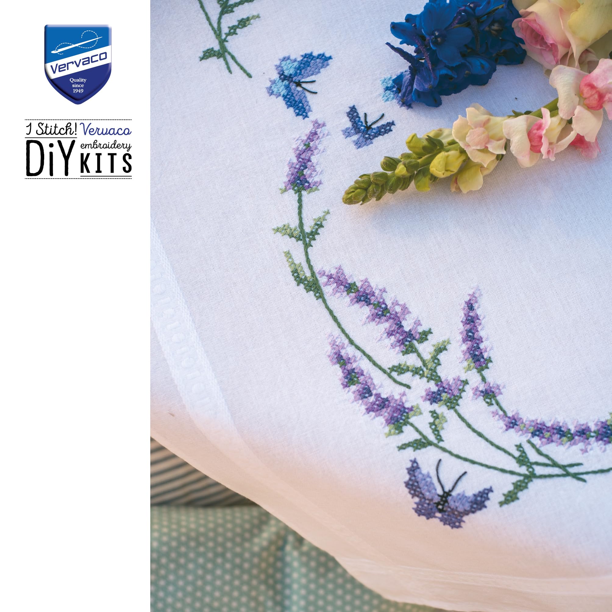 Vervaco Kreuzstich Stickpackungen Tischdecke LAVENDEL UND SCHMETTERLINGE Stickdecken Vorgezeichnet Basteln Erwachsene Kreativ Set Vorgedruckte Decke Sticken 80 x 80 cm Stickset DIY Sticken Set