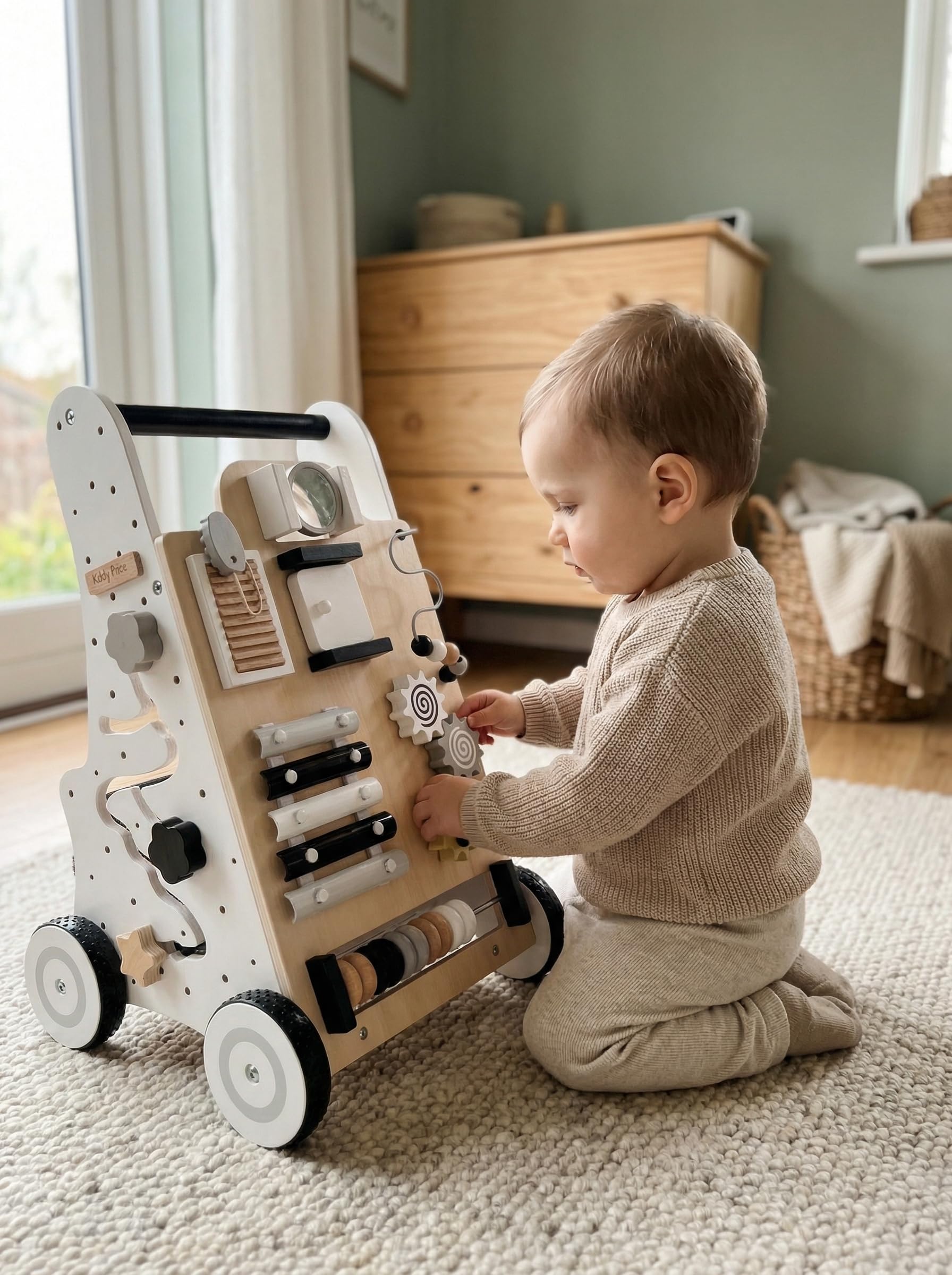 KiddyMoon Trotteur Avec Un Tableau D'activité, Bois Chariot De Marche Pour Bébé Multifonctionnel WK-001, Noir-Blanc
