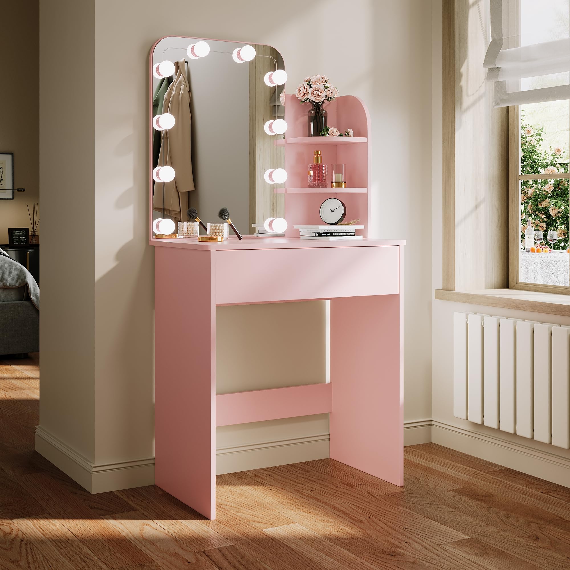 ELEGANT Pink Dressing Table with Hollywood LED Lights Mirror, Vanity Table with 1 Large Drawer & 2 Shelves, Large Storage Makeup Table for Women Girls Bedroom — image 1