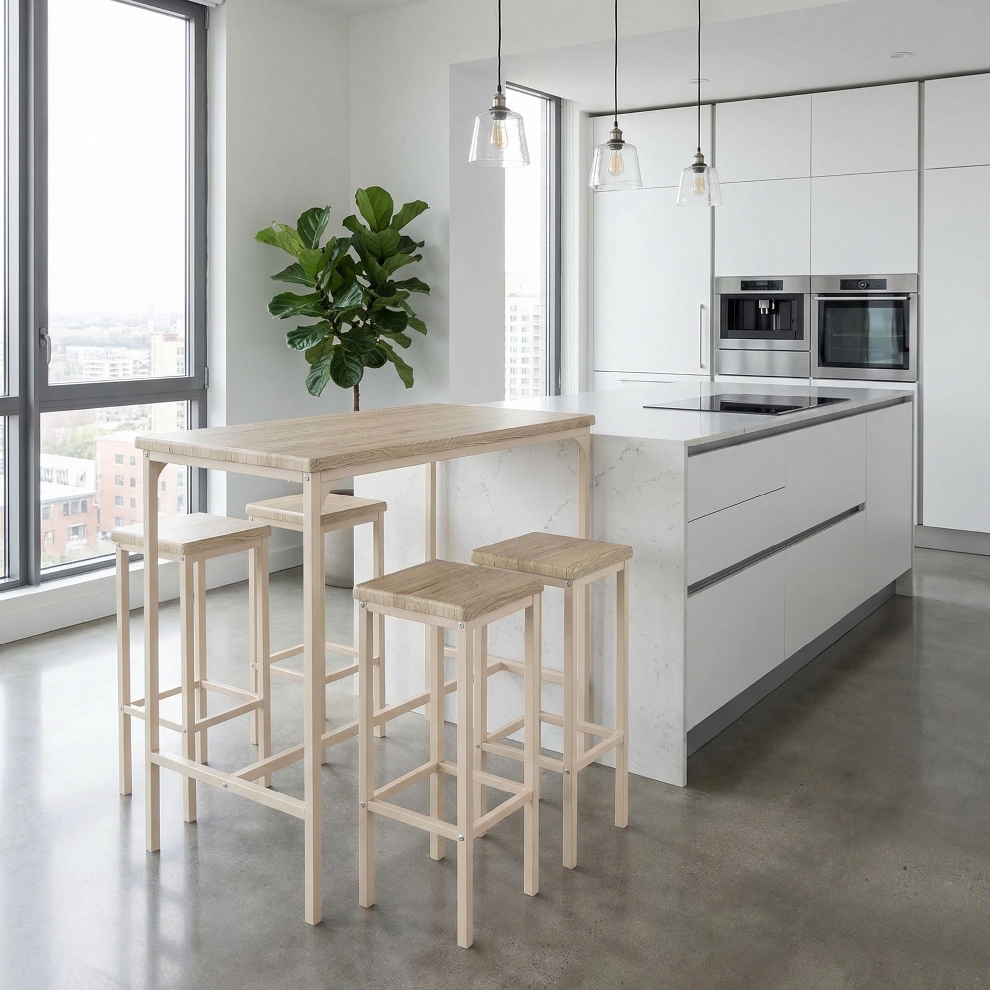 YELLOO Mod. RICCIONE Set de Mesa de Cocina Bar y 4 TABURETES Color Beige 110 cm x 66 cm x 110 cm Altura
