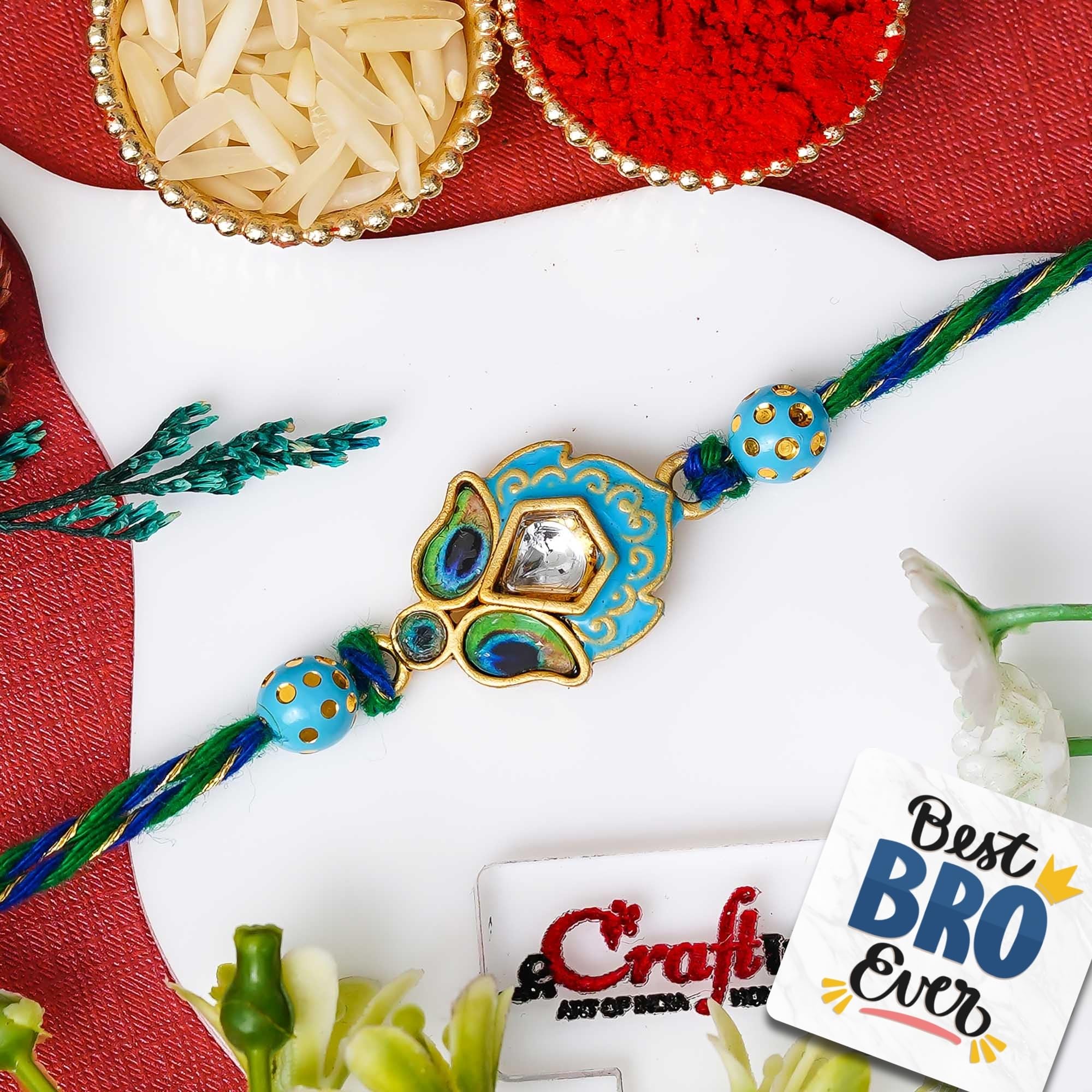eCraftIndia Peacock Feather Designer Rakhi for Brother | Raksha Bandhan Rakhi for Bhai Bhaiya | Best Bro Ever Fridge Magnet | Roli Chawal Pack-image-9