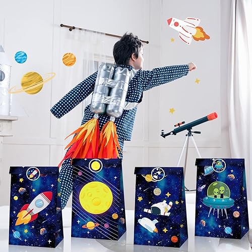 Miniatura 8 de COSFAN Paquete de 12 bolsas de regalo para el espacio exterior, planeta sistema solar, bolsas de regalo de astronautas con temática de