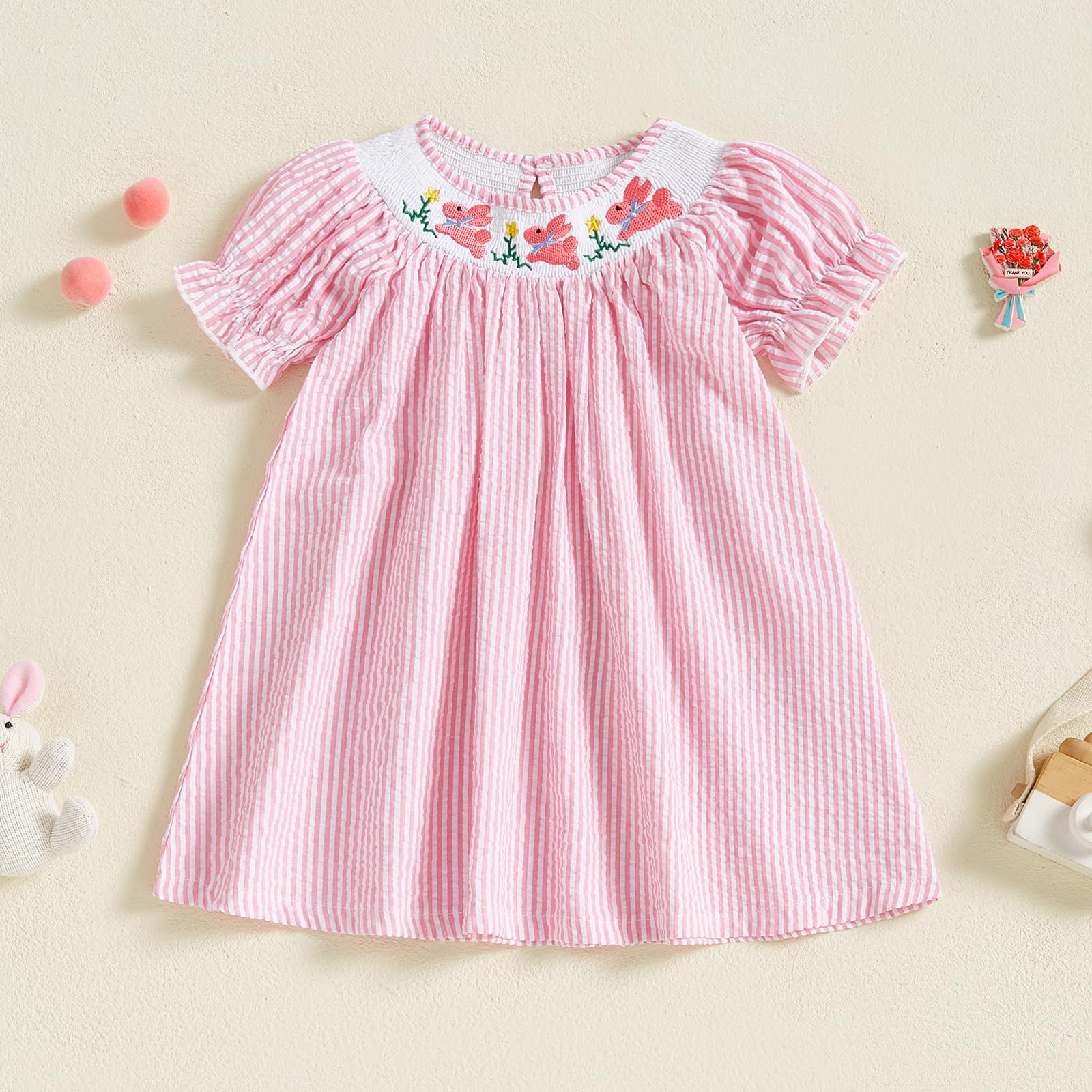 Toddler Baby Girl Easter Outfit Cute Bunny Embroidery Smocked Bubble Romper Dress Puff Short Sleeves Bodysuit (Pink Dress, 3-4T)