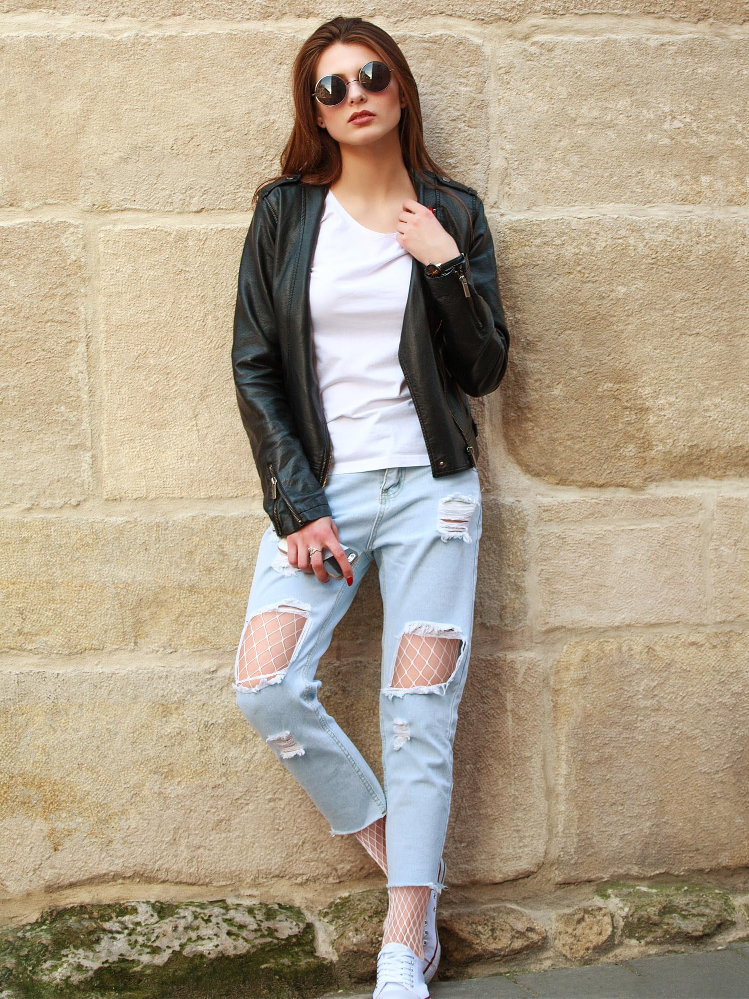 Bencailor 4 Pairs Fishnet Thigh High Stocking for Women Silicone Lace Top Sheer Over Knee Stockings: 4 White Small