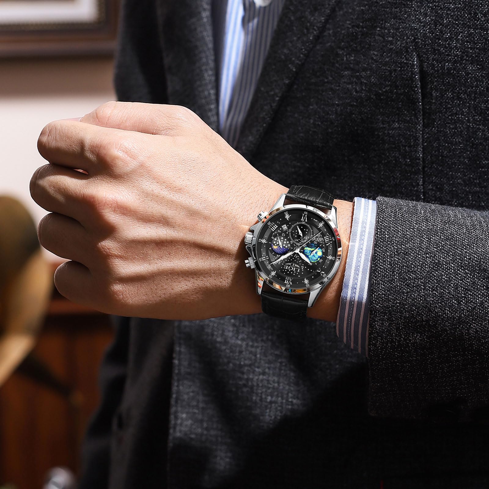 LIGE Orologio da uomo, cronografo, in acciaio inox, impermeabile, analogico, fase lunare, design al quarzo, nero, cinturino in pelle, da uomo, con data, luminoso, business, casual, per uomini, colore: