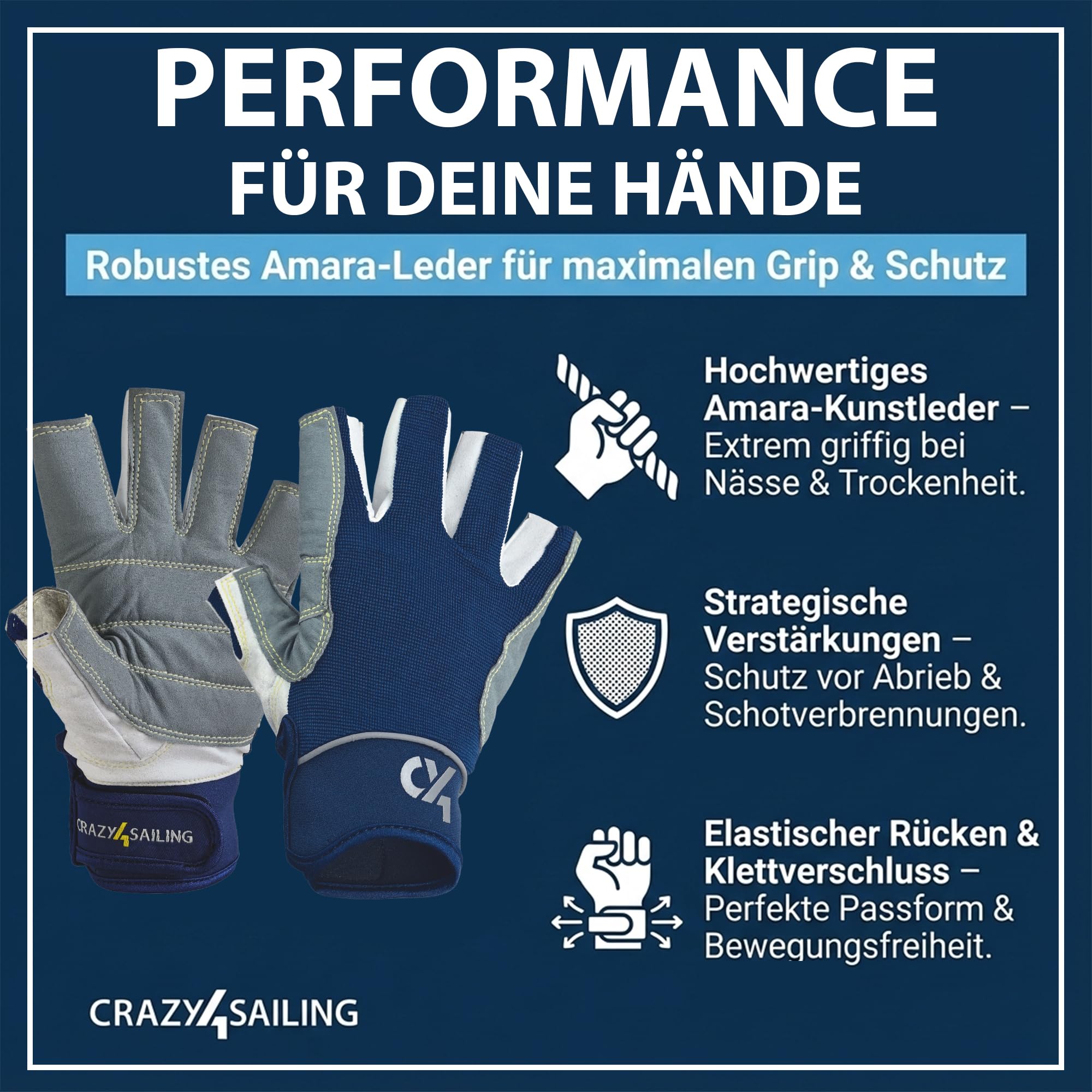 crazy4sailing Guantes de navegación para hombre y mujer, sin 5 dedos