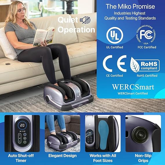 MIKO Shiatsu Foot Massager for Circulation & Pain Relief - Deep Tissue Kneading, Heat Therapy for Plantar Fasciitis, Neuropathy, Diabetics - Fits Up to Size 15 - Charcoal