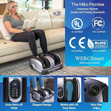 MIKO Shiatsu Foot Massager for Circulation & Pain Relief - Deep Tissue Kneading, Heat Therapy for Plantar Fasciitis, Neuropathy, Diabetics - Fits Up to Size 15 - Charcoal
