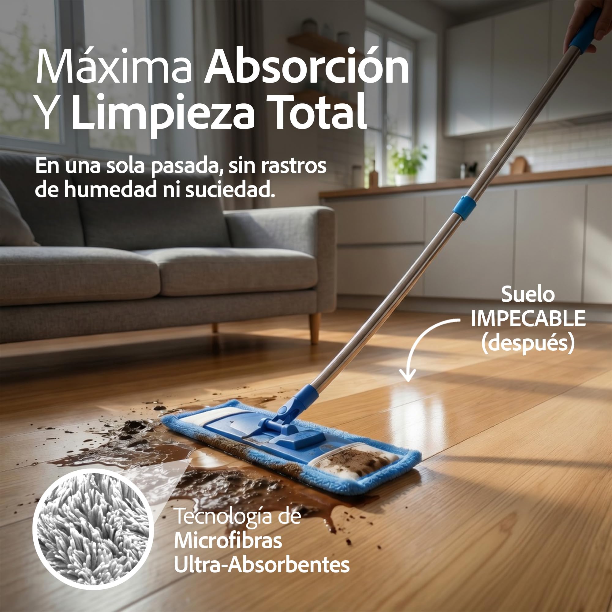 Mopa Fregar Suelo con Cubo Escurridor Sistema Limpieza Plano con Microfibra Absorbente Mango Giratorio 360 Limpieza Facil Sin Esfuerzo Hogar Suelos Cocina Baño Reutilizable