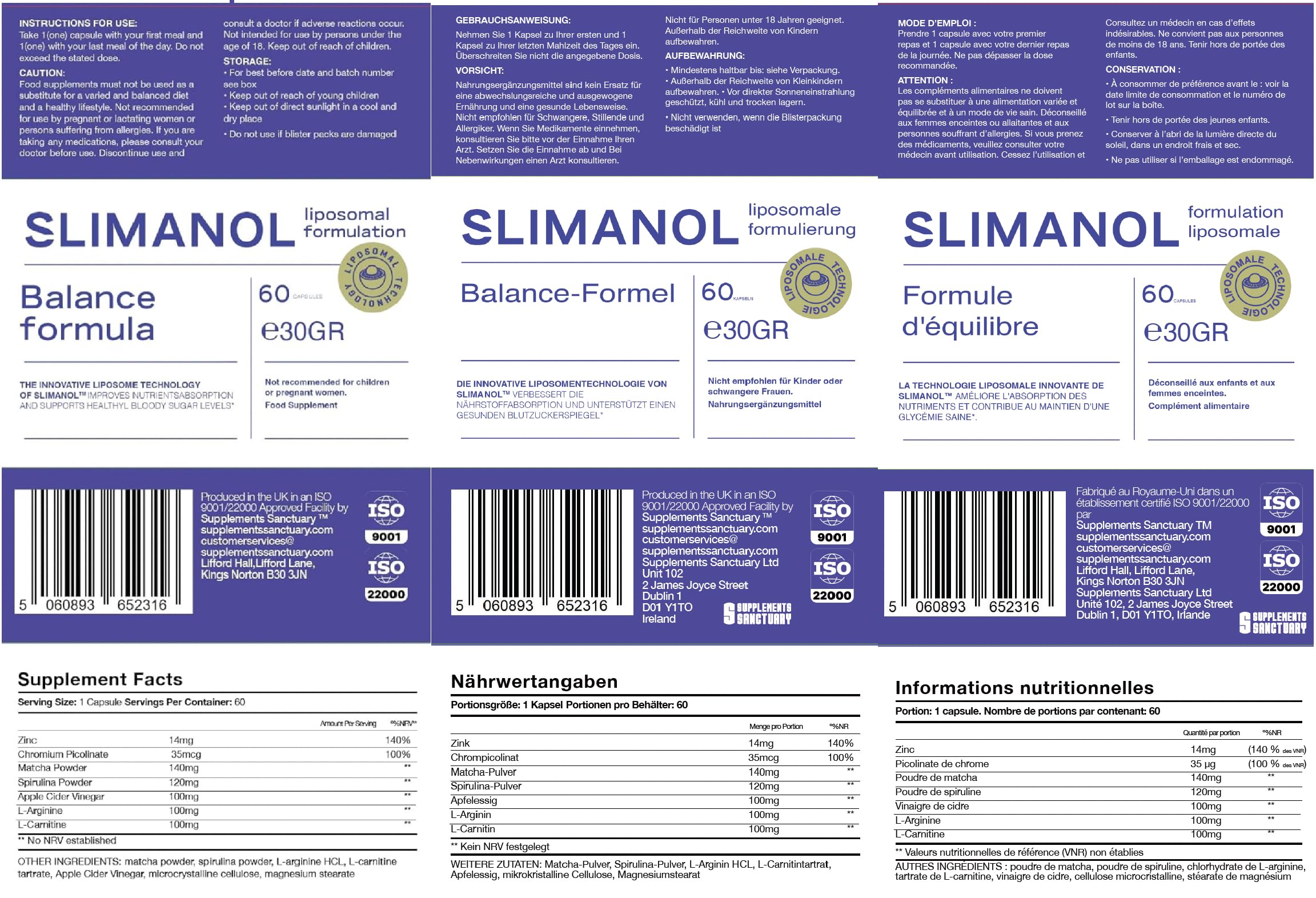 Slimanol Makronährstoff-Stoffwechsel-Ergänzung | mit Zink, Apfelessig, L-Carnitin, 60 Kapseln