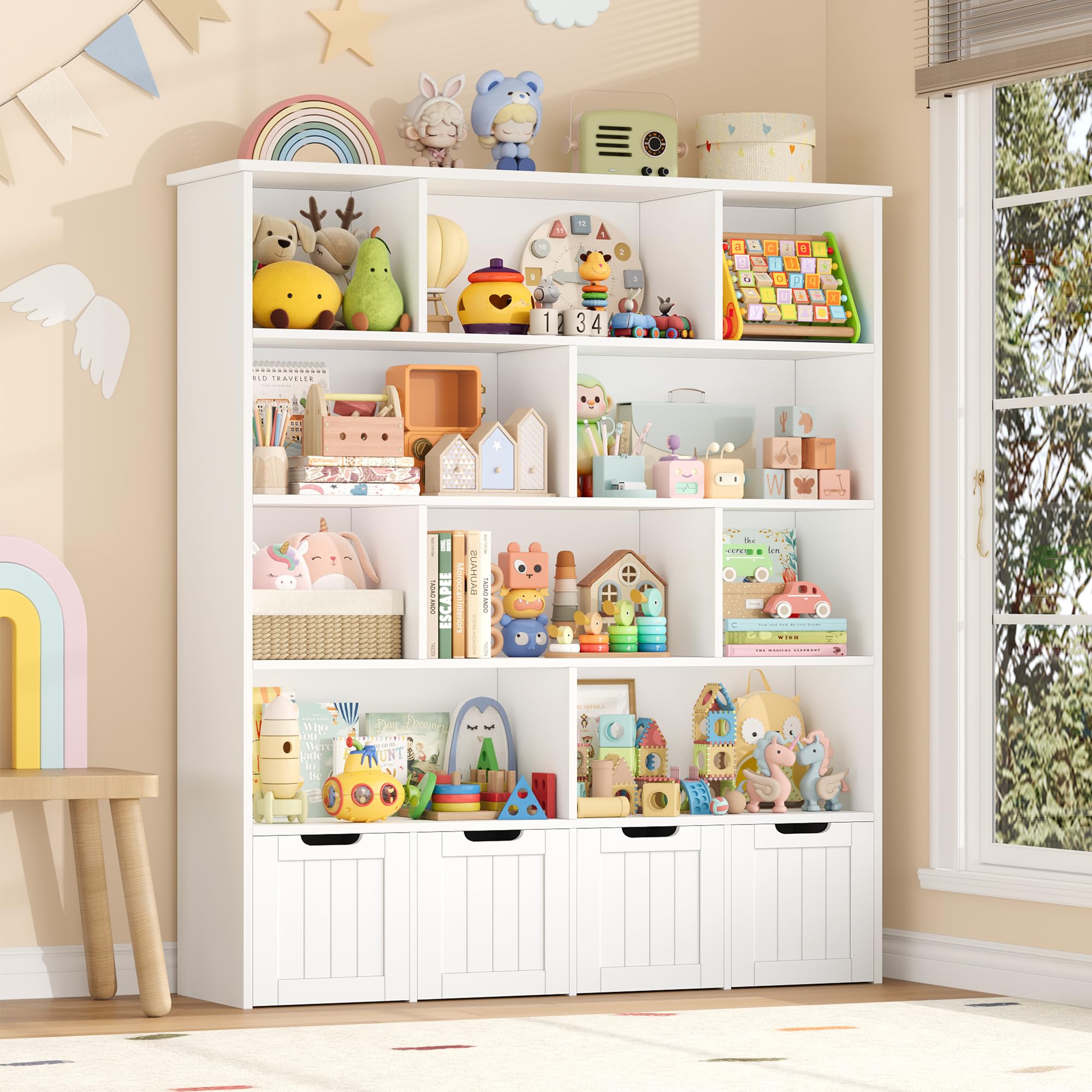 FOREHILL Mueble Organizador Juguetes, Mueble Almacenaje Juguetes, Estanteria Montessori, Organizador de Juguetes Infantil, 4 Cajones con Ruedas, 10 Compartimentos, Blanco 125.5x33x146 cm