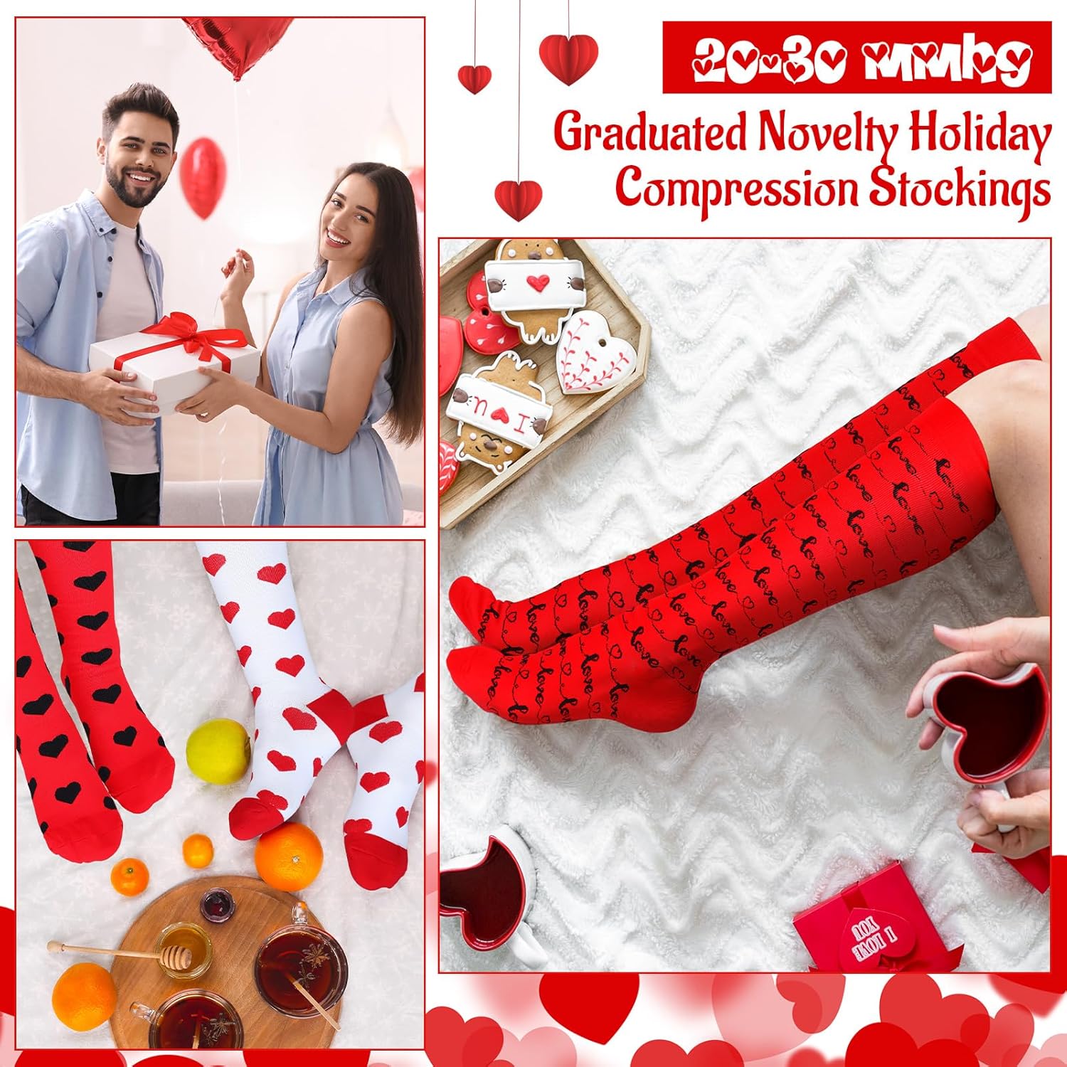 Ramede 6 Pairs Valentine's Day Compression Socks 20-30mmhg Heart Knee High Socks for Women Valentine's Day Work Support Travel Gifts - Image 5