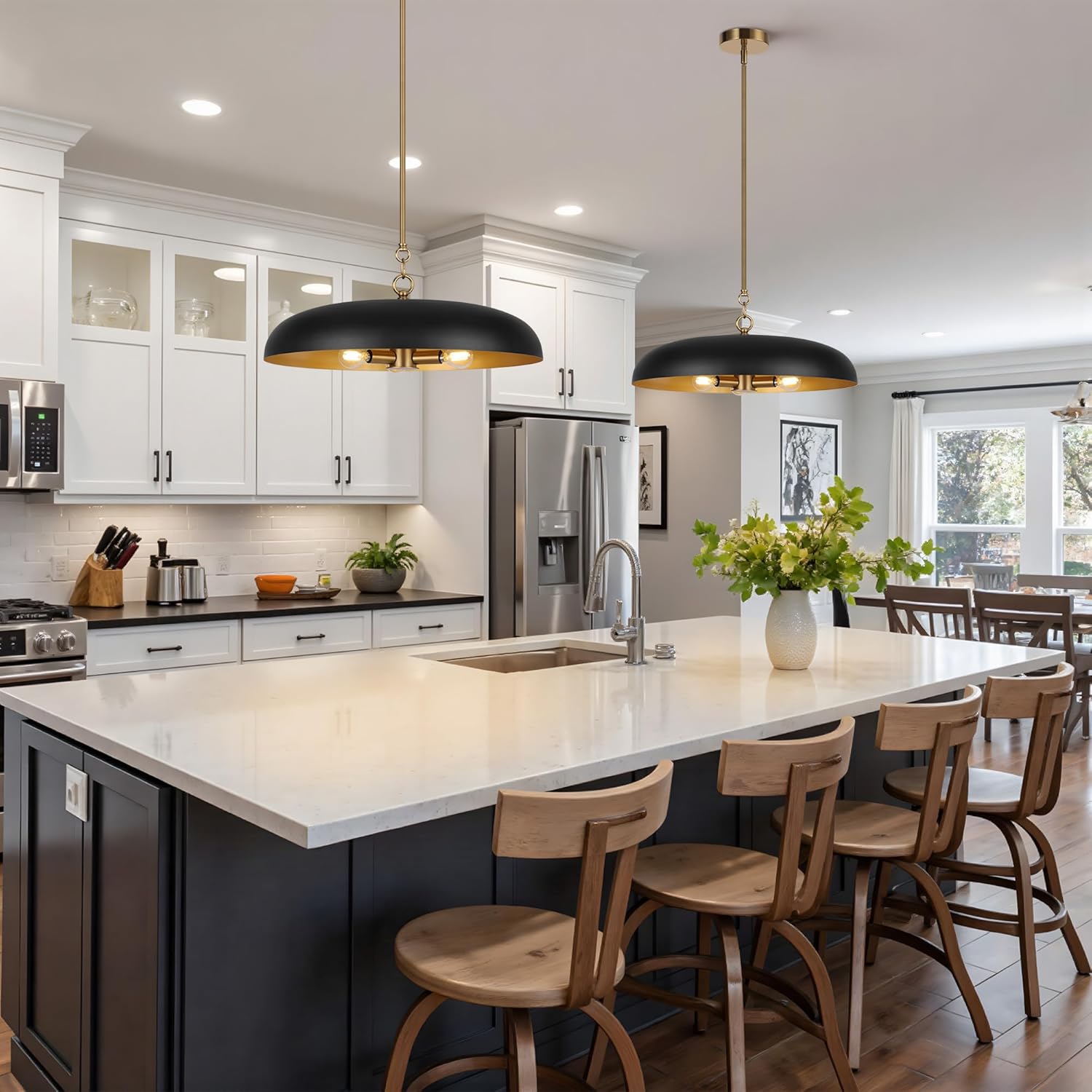 LamQee 20 Inch Oversized Large Pendant Lights, 3-Lights Black and Gold Modern Dome Chandelier, Industrial Metal Pendant Lighting Fixture Ceiling Hanging for Kitchen Island, Dining Room Over Table, Bar