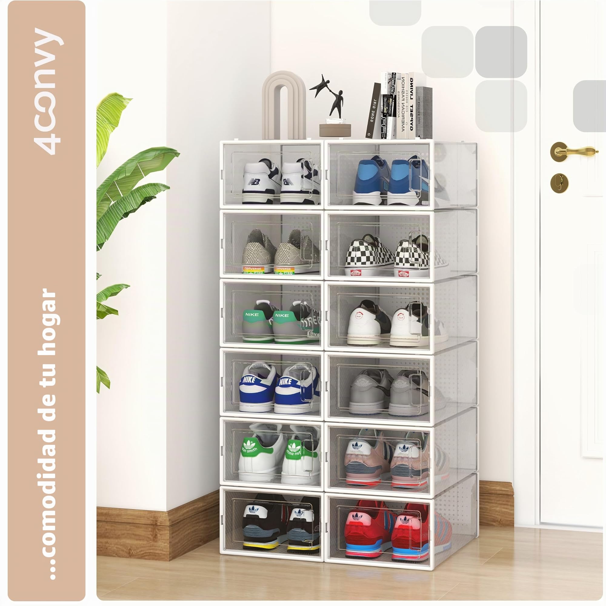 4CONVY Cajas de zapatos apilables plegables - Cajas de almacenamiento de zapatos duraderas - Organizador de zapatos - Cajas transparentes de plástico para armario dormitorio pasillo 6 unidades