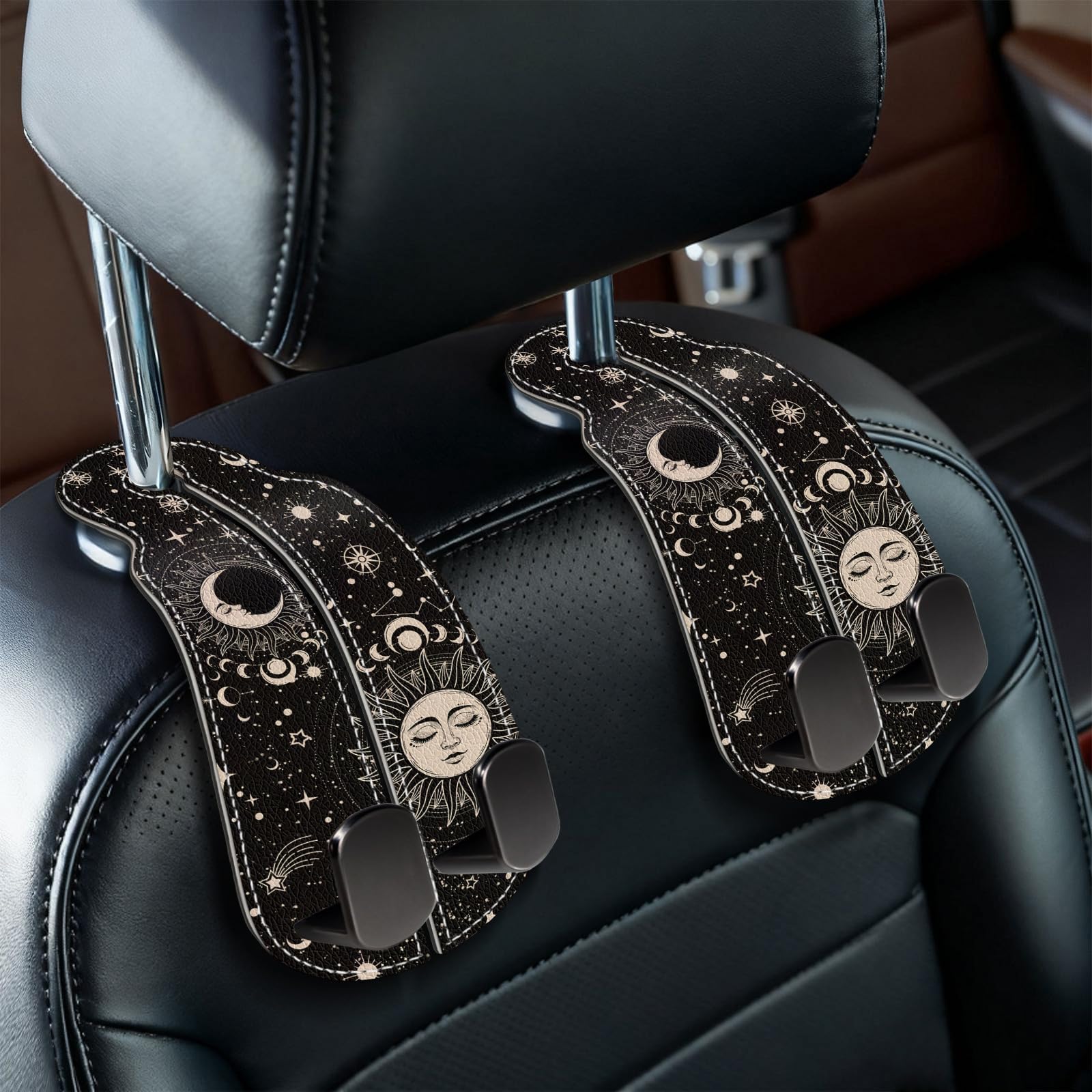 Blusabaca 2PCS Car Seat Back Storage Headrest Hooks, Sun and Moon Purse Holder Bags Hanger, PU Leather Double Metal Hook for Backseat Organizer, Women