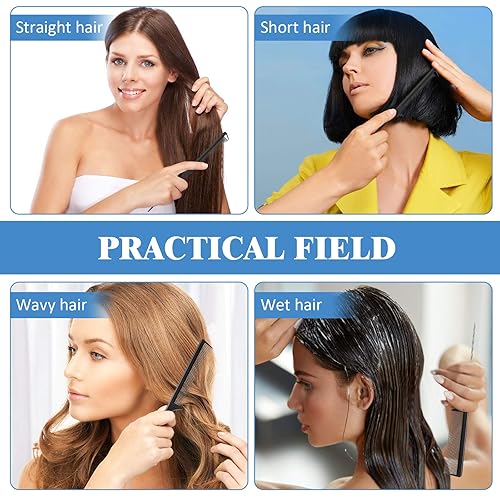 Miniatura 6 de Juego de 12 piezas de peine de cola de rata, juego de separación de fibra de carbono, peine de cola de acero inoxidable, resistente al calor, para