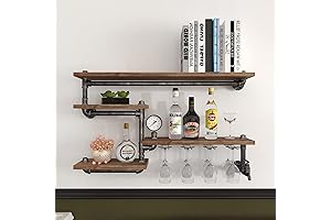 HOMEKAYT Wall Mounted Wine Rack | Industrial Pipe Bar Shelf with 4 Stem Glass Holder
