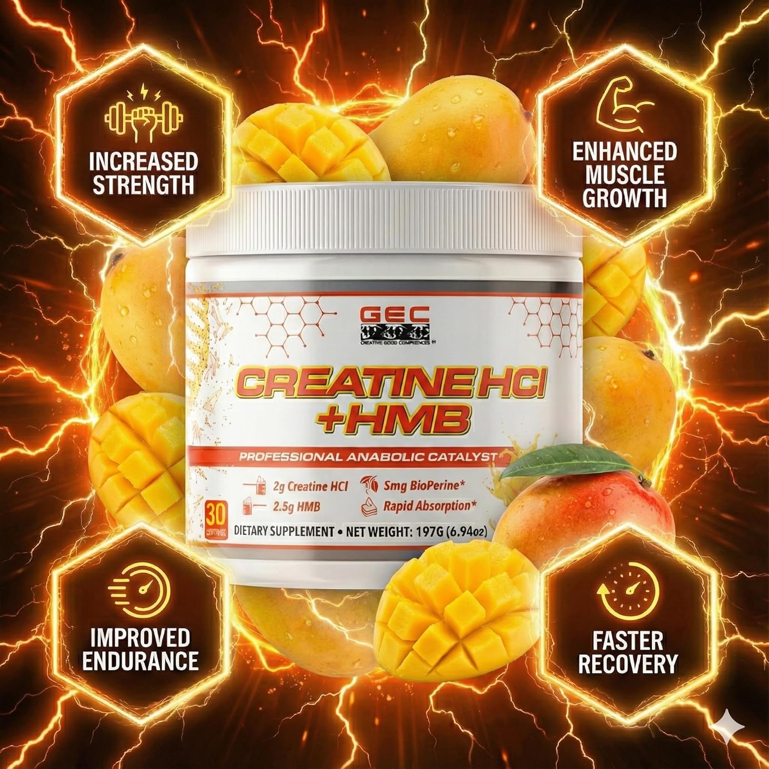 Creatine HCl + HMB for Athletes – Performance & Recovery Formula – 2g Creatine HCl, 2.5g HMB – Fast Absorption, No Bloat, No Loading – 30 Servings – GEC (Standard, Mango) - Image 2