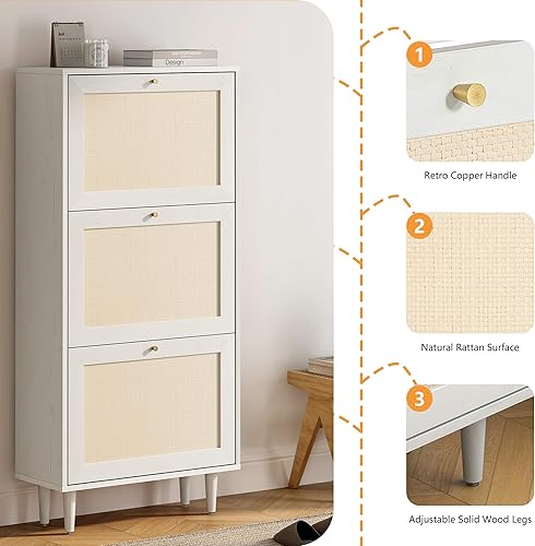 Miniatura 4 de Armario estrecho para zapatos con 3 cajones abatibles, juego de 2 zapateros independientes ocultos con puertas de ratán, armario de almacenamiento