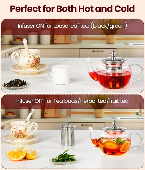 Spring Chef Durable Infuser Teapots for Loose Tea, Borosilicate Glass Teapot with Infuser, Transparent Round Glass Tea Pot 600ML/21.11OZ