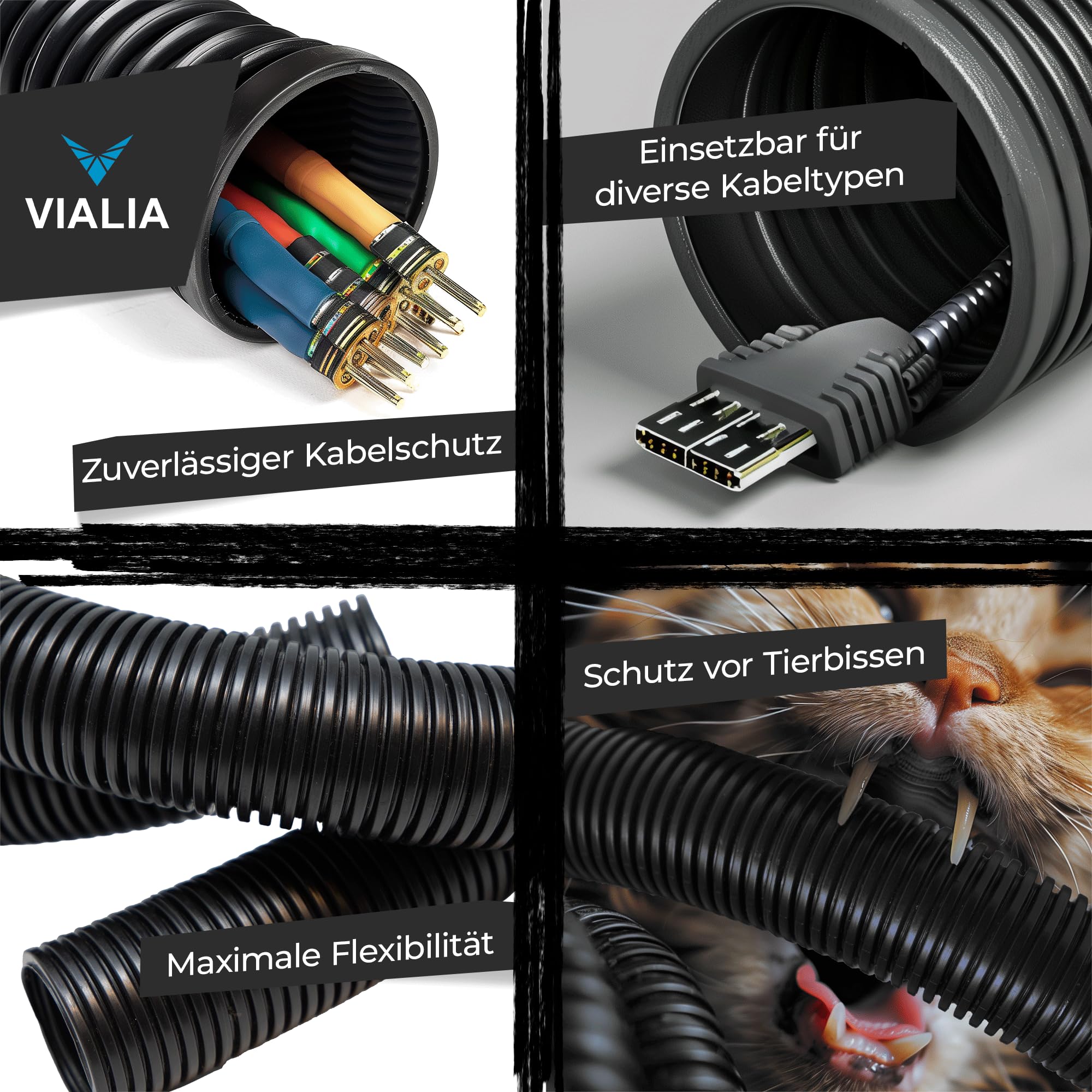 Kabelschutzschlauch ungeschlitzt 25m x 6,6mm, Flexibles und UV-beständiges Wellrohr aus Polypropylen, stabil und biegfest, Temperaturbereich -40°C bis 130°C, schwarz