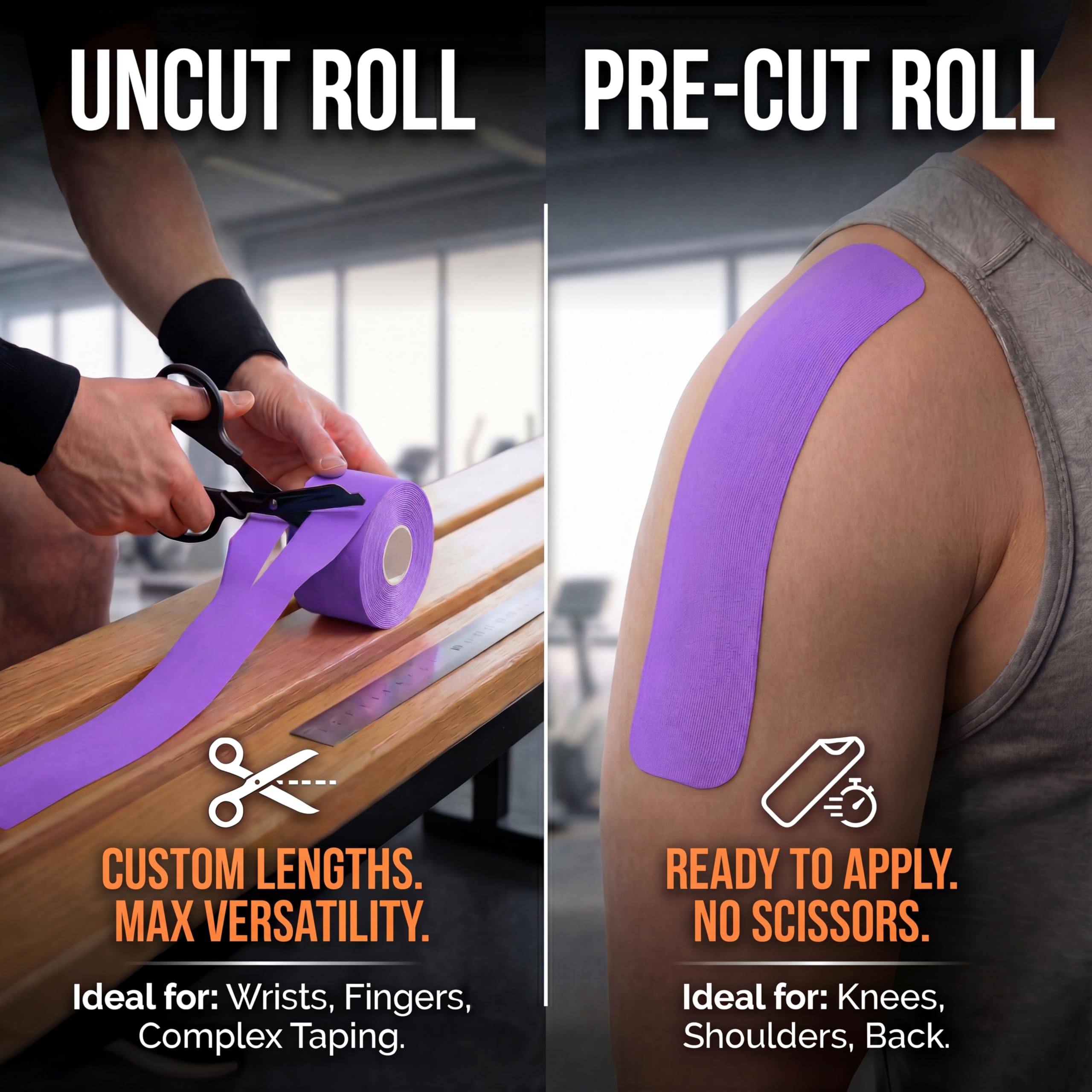 Cinta de kinesiología, increíble apoyo para deportes atléticos y recuperación + guía de cinta gratuita – Precortada de 2 pulgadas 32 pies (morado índigo + guía de cinta gratuita, 1 paquete)
