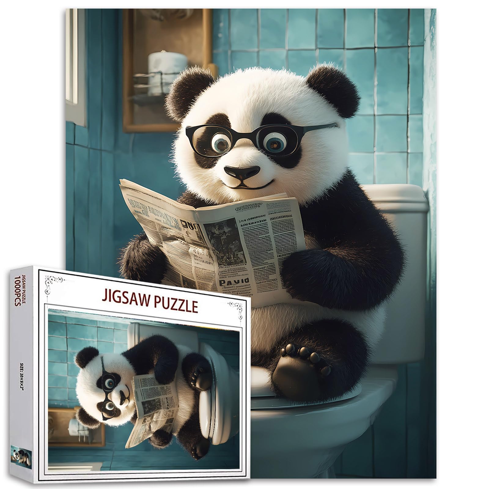 Panda Read Newspaper 1000 Piece Jigsaw Puzzles for Adults Animal Go Toilet Puzzles Wildlife Toilet Puzzle Challenging Family Activity Games Colorful DIY Craft Puzzle for Home Decor Gifts