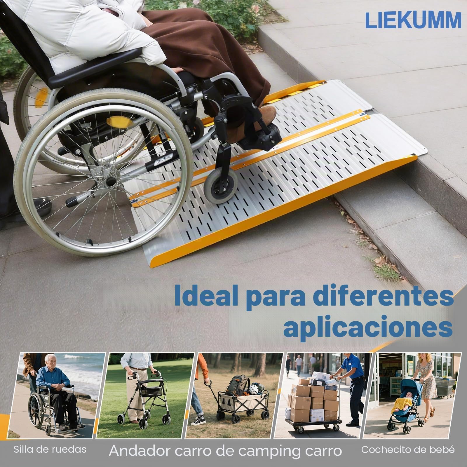 LIEKUMM Rampas para Silla de Ruedas Plegable 61 cm, Capacidad de Carga 300 kg, Rampa Silla de Ruedas de Aluminio para Escaleras y Escalones, Rampa para Silla de Ruedas de Uso Doméstico