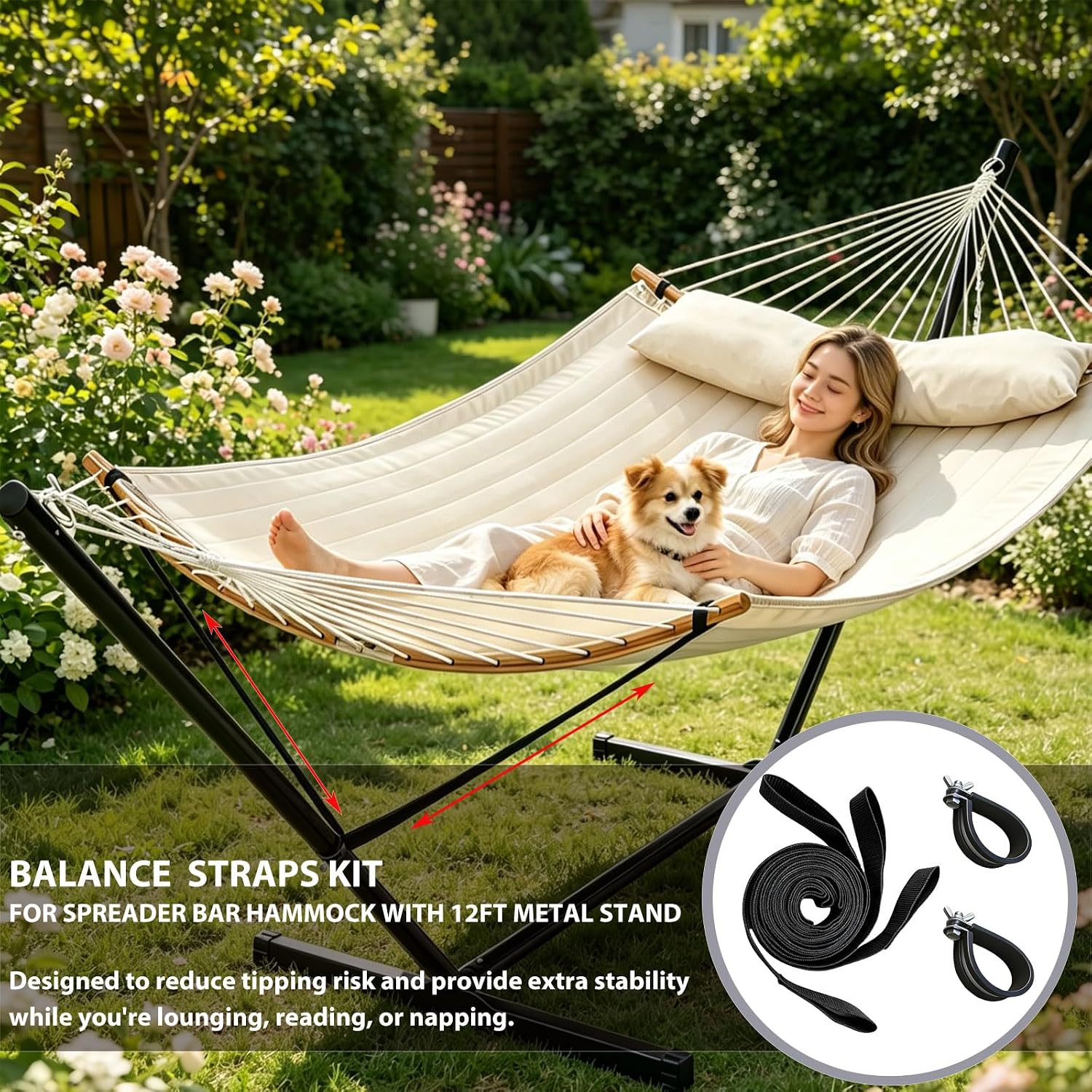 Hammock Balance Ropes Kit Designed for Double Spreader Bar Hammock with 12Ft Metal Stand, Anti-Tip Safety Straps to Prevent Hammocks from Flipping Over Black (1 Set)