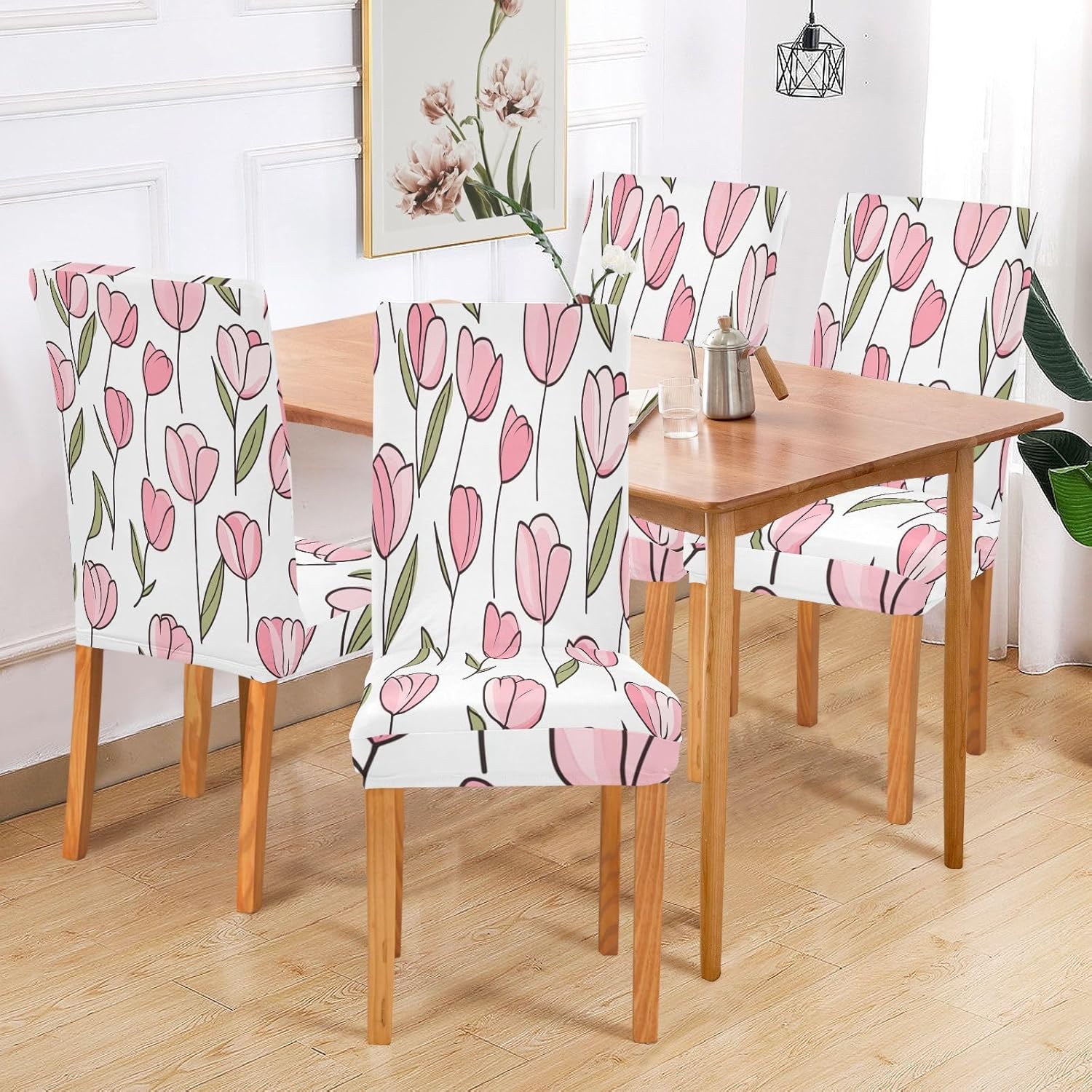ALAZA Chair Covers for Dining Room, Cute Doodle Pink Tulips Stretch Chair Cover Sets Chair Protector Removable Washable for Ktichen Restaurant Hotel