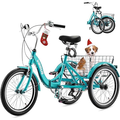 VIRIBUS Folding Tricycle for Adults, 20 inch Foldable Adult Tricycle 1&7 Speed with Basket, Folding 3 Wheel Bikes for Adults Senior Women Men, Collapsible Trike, Three Wheel Bike 330lb. Capacity