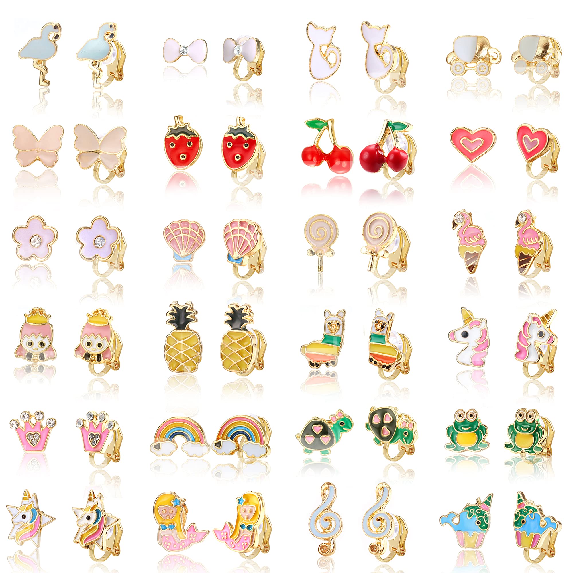 Subiceto24 Pairs Clip on Earrings for Non Pierced Ears Cute Assorted Animal Unicorn Flower Earrings Set for Women Mixed Color Painless Non-Piercing Earrings Pack, Rubber Metal, Rhinestone