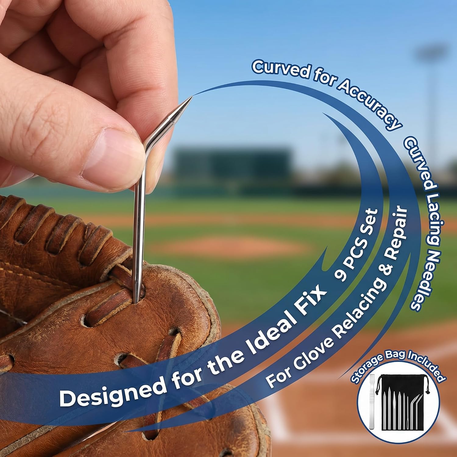 9Pcs Baseball Glove Lacing Needle Kit, Curved Glove Relacing Needles with Storage Bag, Handy Repair Tools for Baseball and Softball Gloves, Glove Lace Repair and Relacing