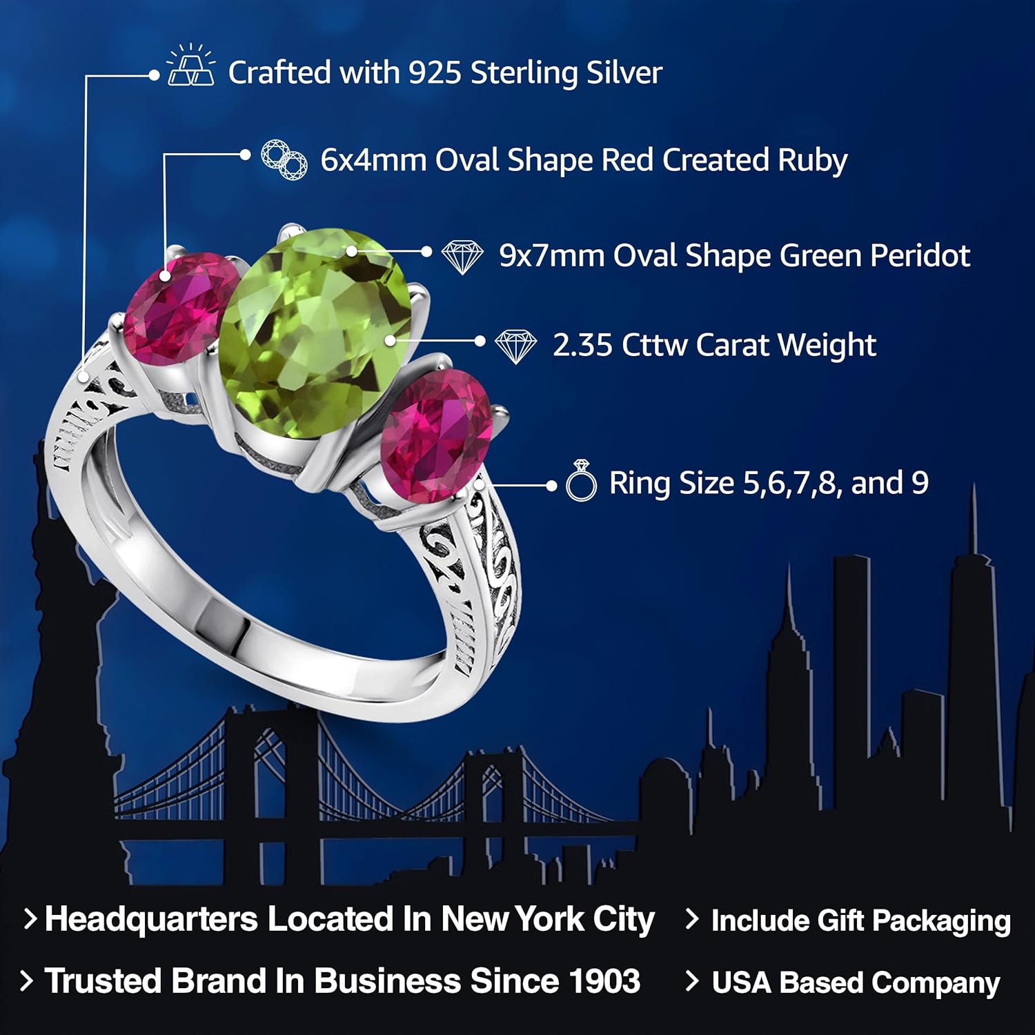 Gem Stone King 2.35 Cttw Green Peridot and Red Created Ruby 3-Stone Ring For Women | 925 Silver | Gemstone Birthstone | Oval 9X7MM and 6X4MM | Wedding Engagement Anniversary Promise Ring - Image 2
