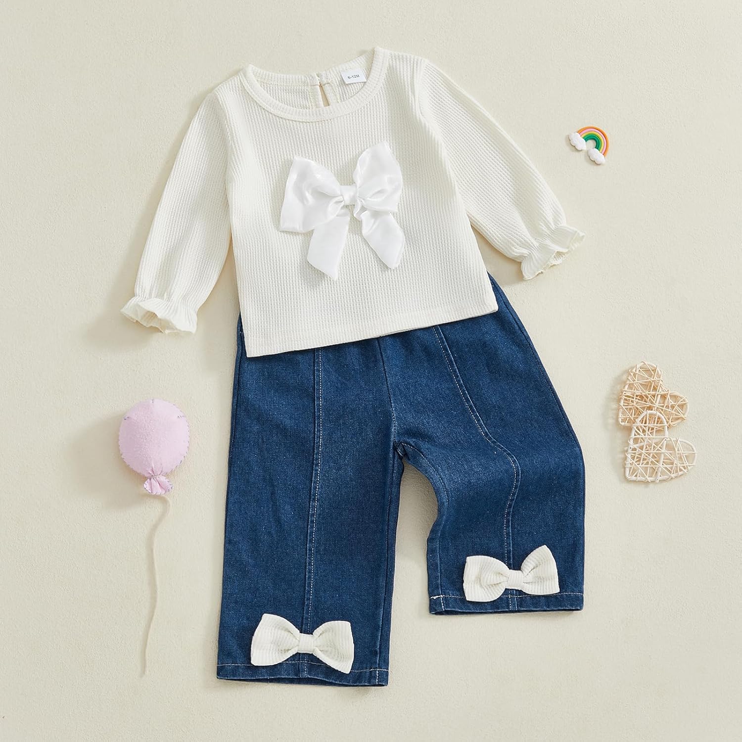 Toddler Baby Girls Outfits Long Sleeve Bow Sweatshirt Pullover Tops Denim Pants Set Sweatsuit Fall Winter Clothes - Image 5