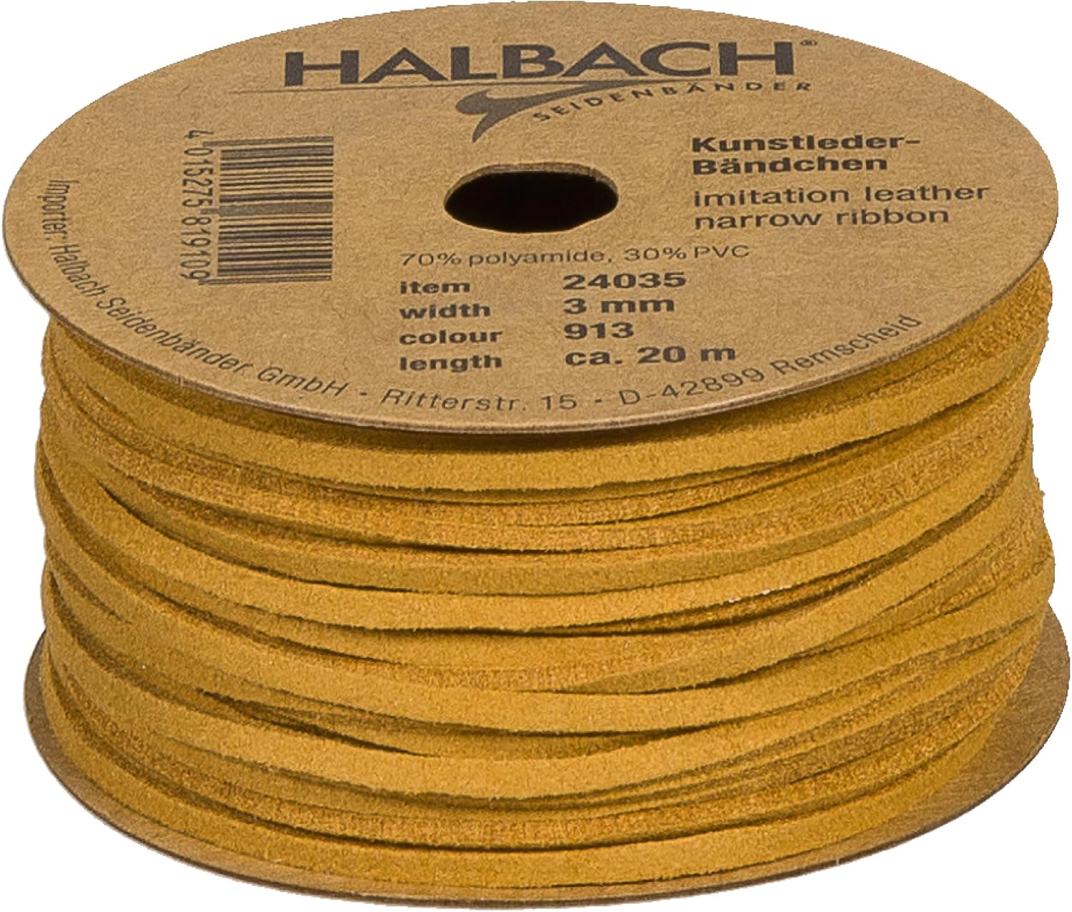 Halbach Silk Ribbons Vegan Leather Cord, 3 mm Width, 20 m Length, Honey Color, 100% Vegan Imitation Leather for DIY Crafts