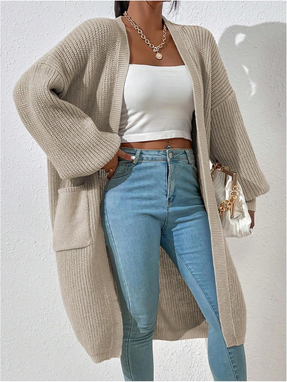 WDIRARA Women's Open Front Cardigan Sweaters Long Sleeve Knee Length Knit Outerwear with Pockets - Image 4