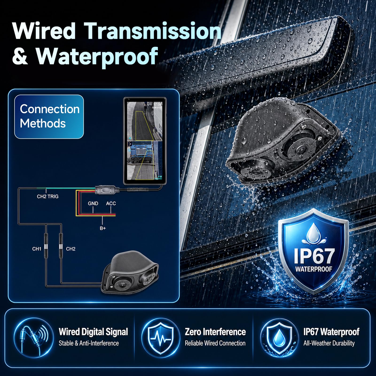 Hodozzy Cámara de Marcha Atrás Kit con Monitor Táctil IPS HD de 10,36 Pulgadas para Visión Nocturna, Camara de Vision Trasera Ajustable de Doble Canal, Cámara Retrovisor con BSD, Grabación Bucle