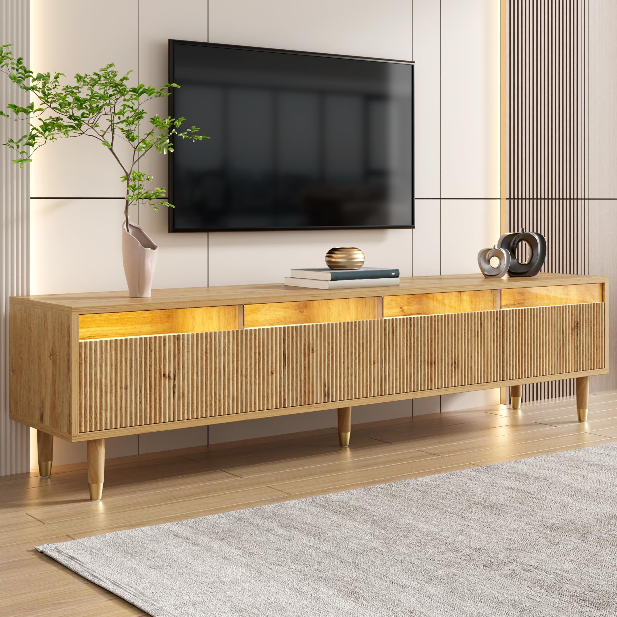 Azkoeesy Mobile TV con illuminazione a LED e 4 cassetti, 178 x 35 x 45 cm, con accenti dorati, vano portaoggetti XL per soggiorno, robusto MDF e acrilico, design moderno (naturale)