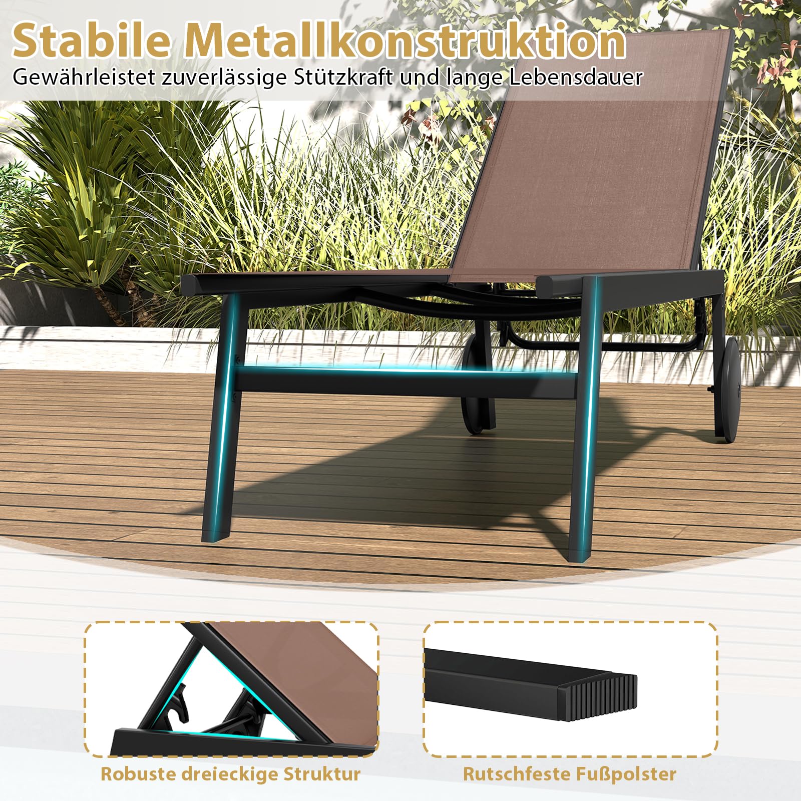 COSTWAY Sonnenliege mit Rollen, Gartenliege mit Verstellbarer Rückenlehne und schnelltrocknendem Stoff, Rollliege bis 150kg belastbar, Liegestuhl für Garten, Balkon, Terrasse (Braun)