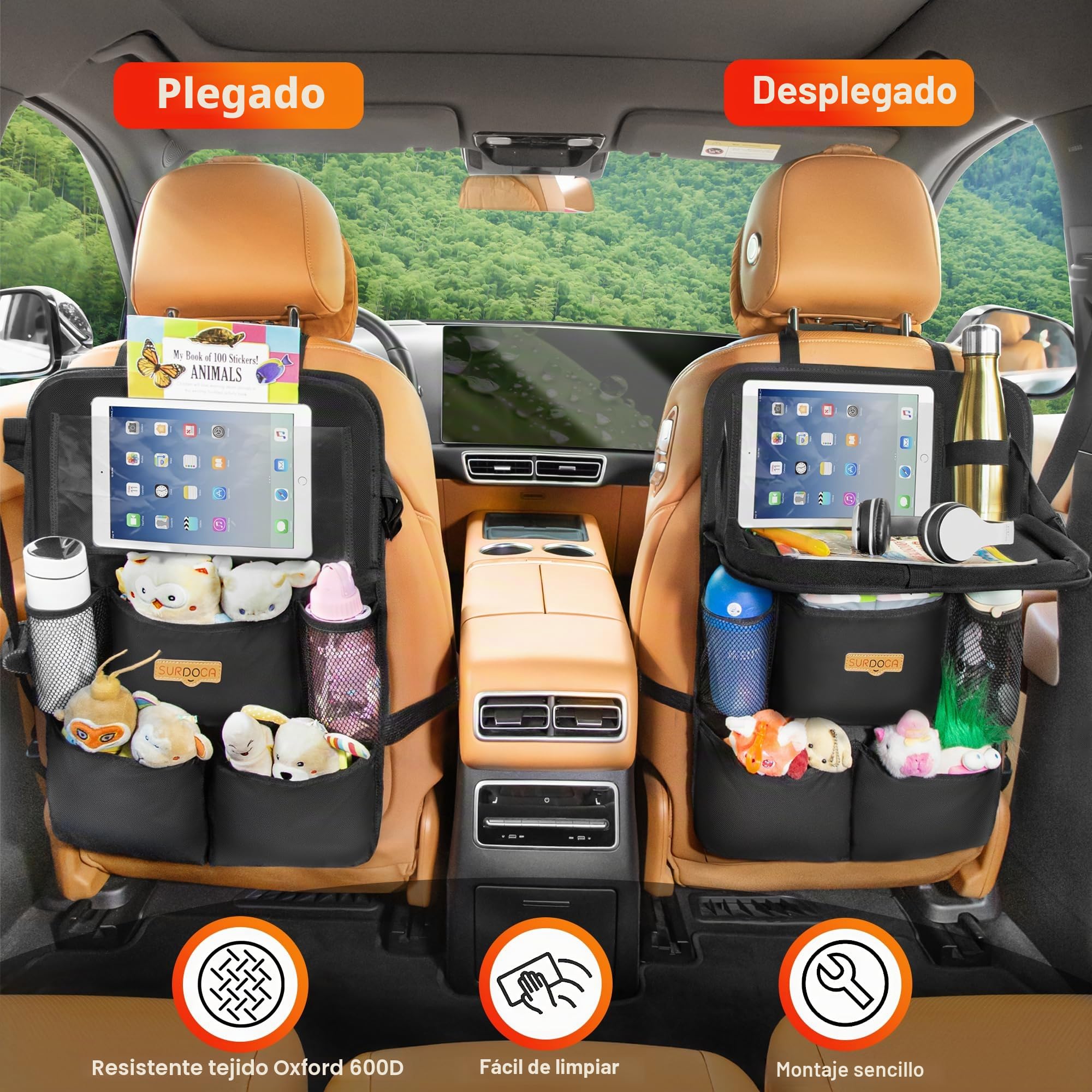 SURDOCA Organizador de asiento trasero de coche con bandeja plegable para niños y adultos – Nuevo modelo de almacenamiento de asiento con bolsillo táctil para tablet, artículos esenciales para viajes