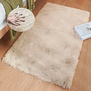 Beige Plush Faux Rabbit Shaggy Fur Rugs for Bedroom Small Shag Washable Fluffy Fur Rug for Living Room Fuax Sheepskin Rug 2x3 Nursery Rectange Rugs