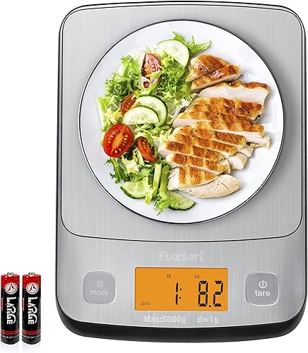 Fuzion Báscula digital de cocina, báscula de alimentos de 11 libras, peso digital, pantalla LCD de escala de gramos, báscula de hornear de acero