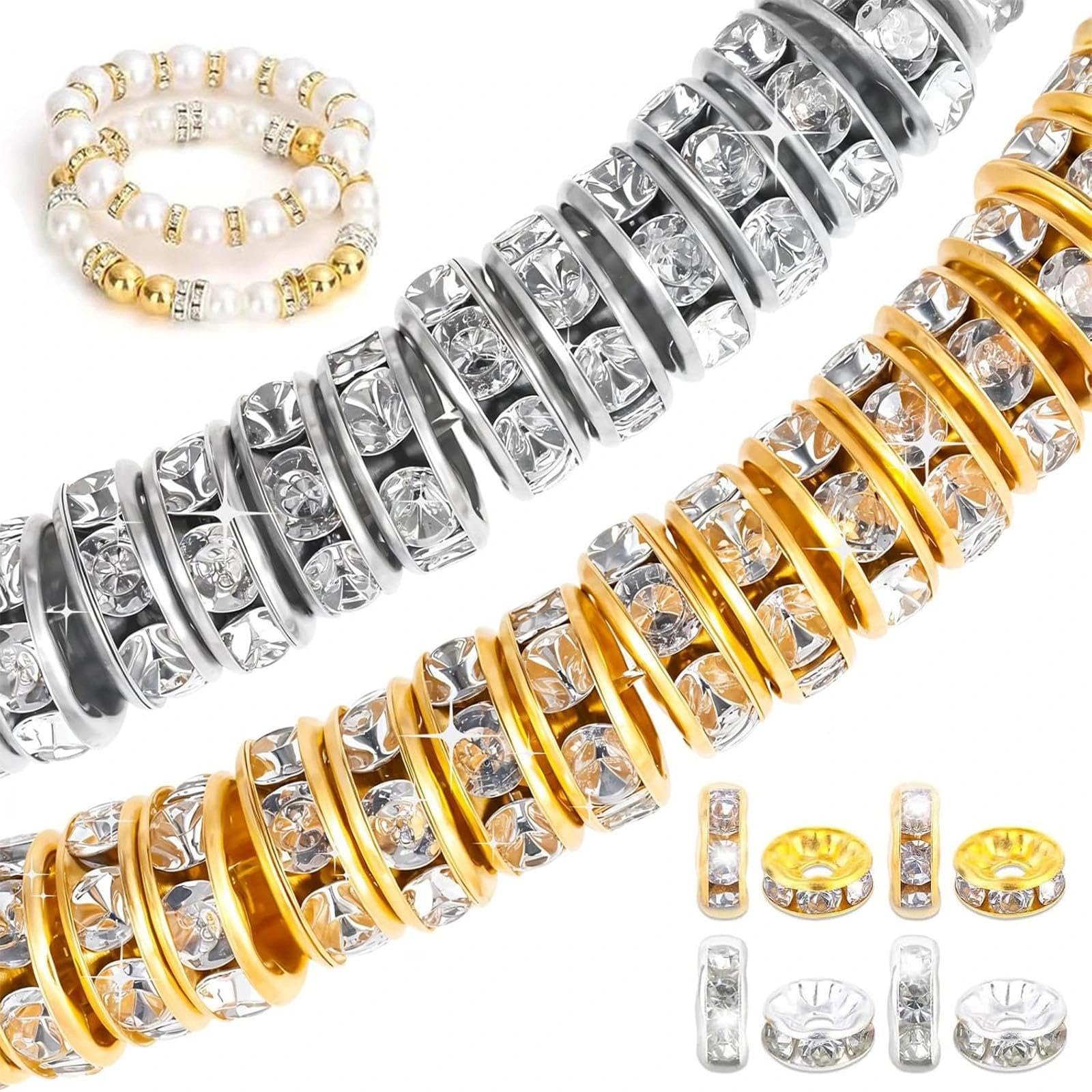dinghaole 300 Pcs 8mm Sparkling Crystal Spacer Beads for Jewellery Making, Crystal Spacer Beads Gold/Silver Sparkling Rhinestone Flat Loose Beads for DIY Bracelet Necklace Crafts Decorations