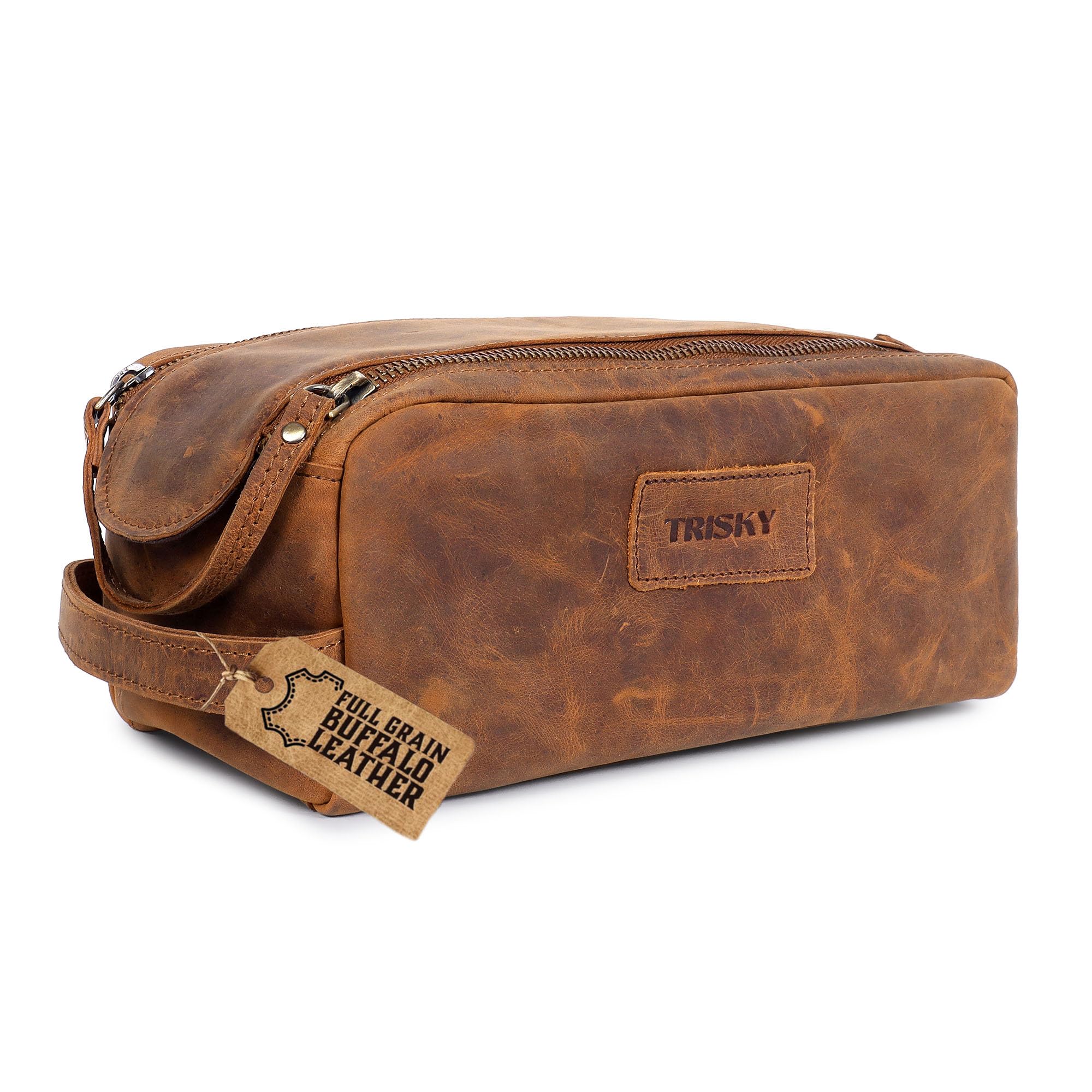 TRISKY Neceser de piel de búfalo para hombres y mujeres, Marrón, M, Neceser