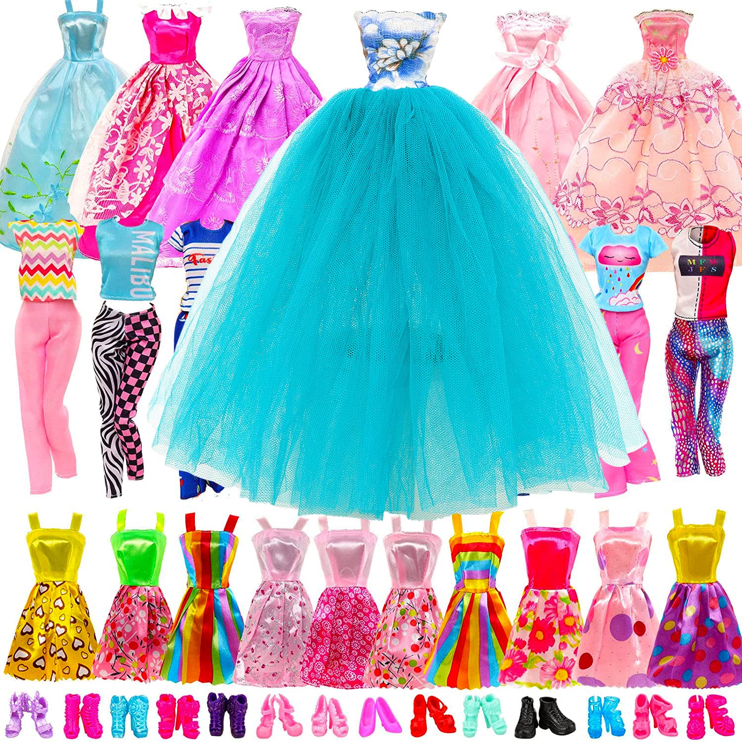 Miunana 25 Doll Clothes Accessories 3 Party Dresses Gown 10 Mini Dresses 2 Fashion Clothes Tops & Trousers 10 Shoes for Dolls