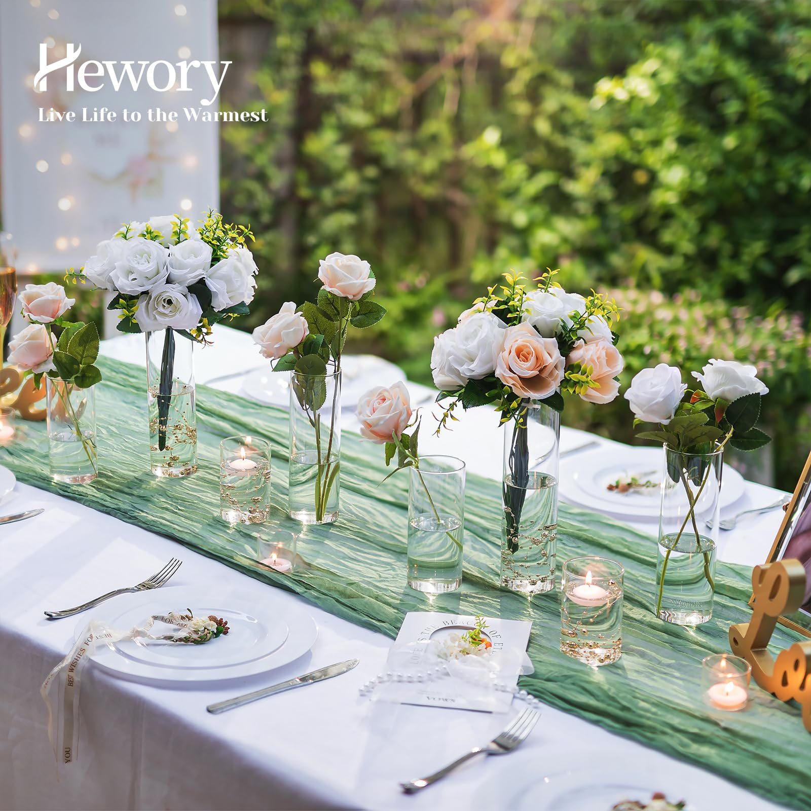Hewory Glasvase Zylinder 12er Vasen Set Kerzengläser mit 2 Wasserperlen | Zylindervasen Set, Glaszylinder für Kerzen, Klar Vase Glas Windlicht Glas für Tischdeko Hochzeit, 10/15/20/25cm